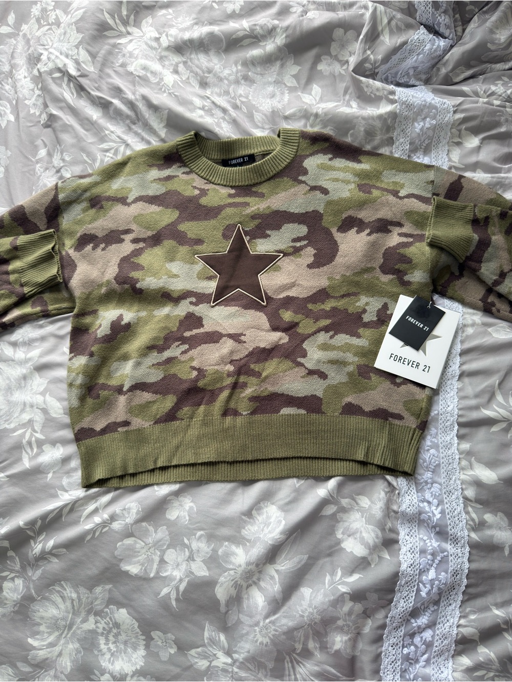 Forever 21 Olive and Brown Camo Star Crewneck Sweater
